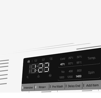 Tässä on suurennettu kuva pesukoneen käyttöpaneelista niin, että näyttö on selvästi näkyvissä.