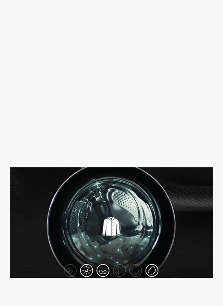 There is a washing machine door. There is a laundry inside the door and a shirt icon above it.