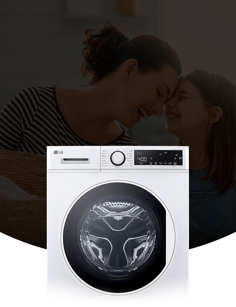There is a washer on the background of a smiling father and daughter.