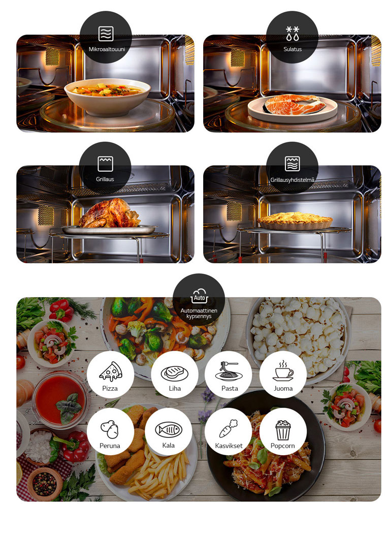 Ruokaa kypsennetään mikroaaltouunin neljä tavan mukaan ja kahdeksan automaattisen kypsennyksen valikkokuvaketta.