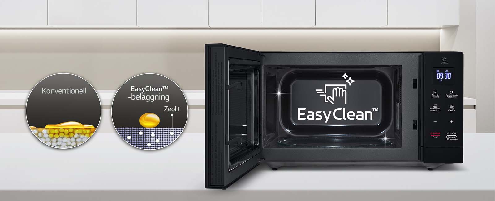 Näkyvillä on mikroaaltouuni, jonka ovi on auki, sekä selitys, että sen puhdistaminen sisältä on helppoa.