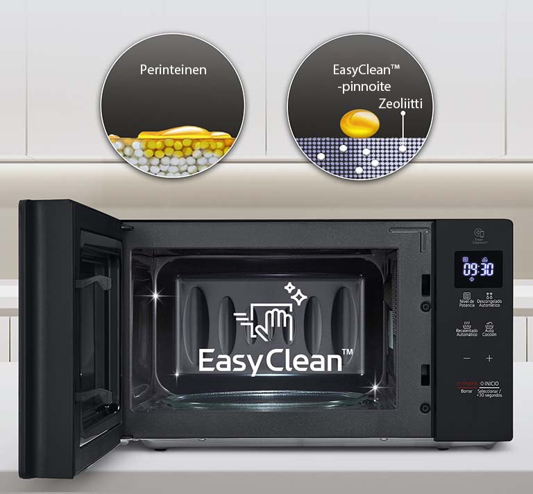 Näkyvillä on mikroaaltouuni, jonka ovi on auki, sekä selitys, että sen puhdistaminen sisältä on helppoa.