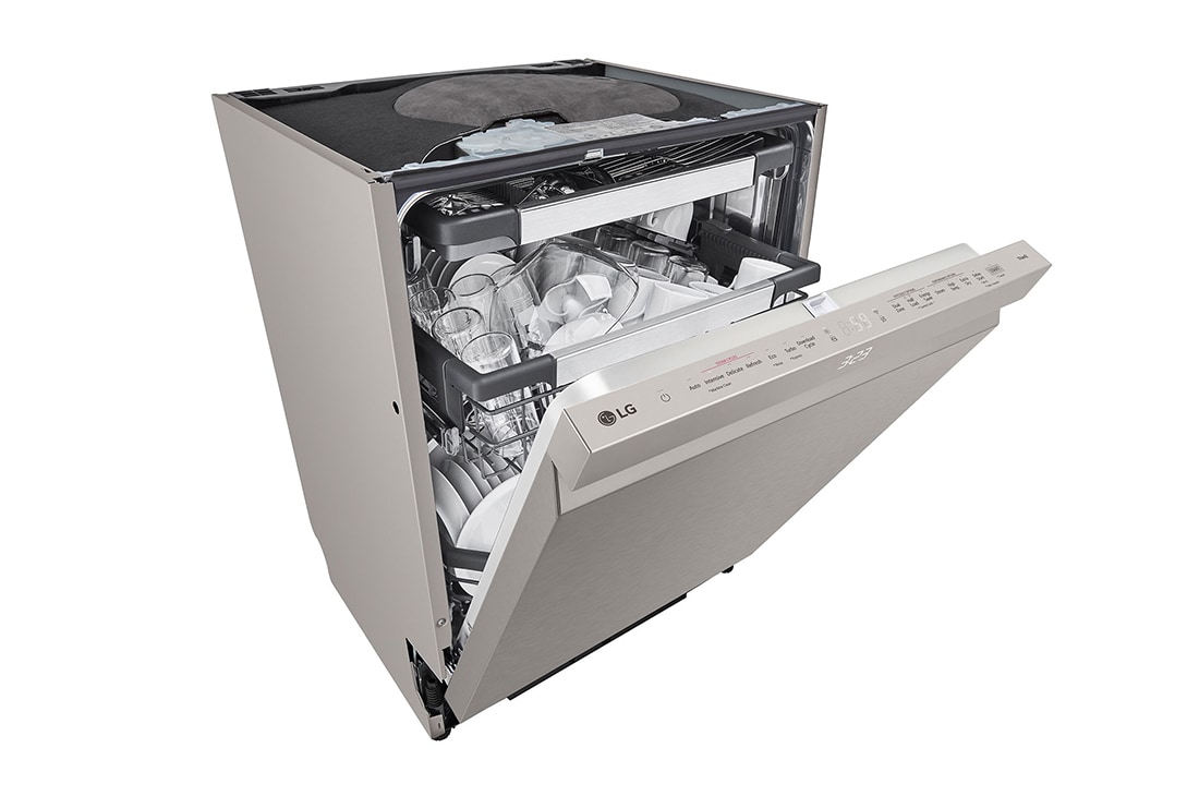 LG 14 Paikka-asetukset QuadWash™ Sisäänrakennettu astianpesukone TrueSteam™-ominaisuudella A-10%-energia, Avoin etunäkymä tiskien kanssa, SDU587HV, thumbnail 8