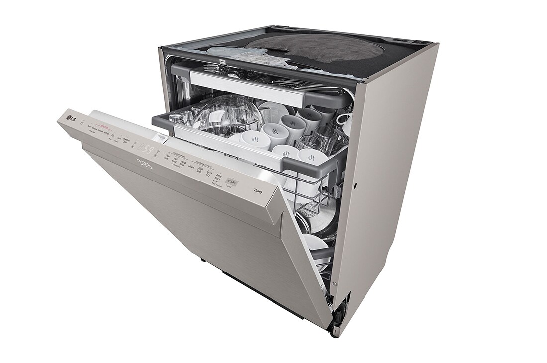 LG 14 Paikka-asetukset QuadWash™ Sisäänrakennettu astianpesukone TrueSteam™-ominaisuudella A-10%-energia, Avoin etunäkymä vasemmalta tiskien kanssa, SDU587HV, thumbnail 9