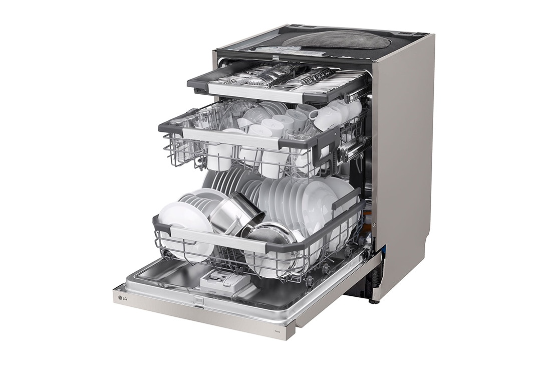 LG 14 Paikka-asetukset QuadWash™ Sisäänrakennettu astianpesukone A-10%-energia, Avoin etunäkymä vasemmalta tiskien kanssa, DU386FV, thumbnail 8