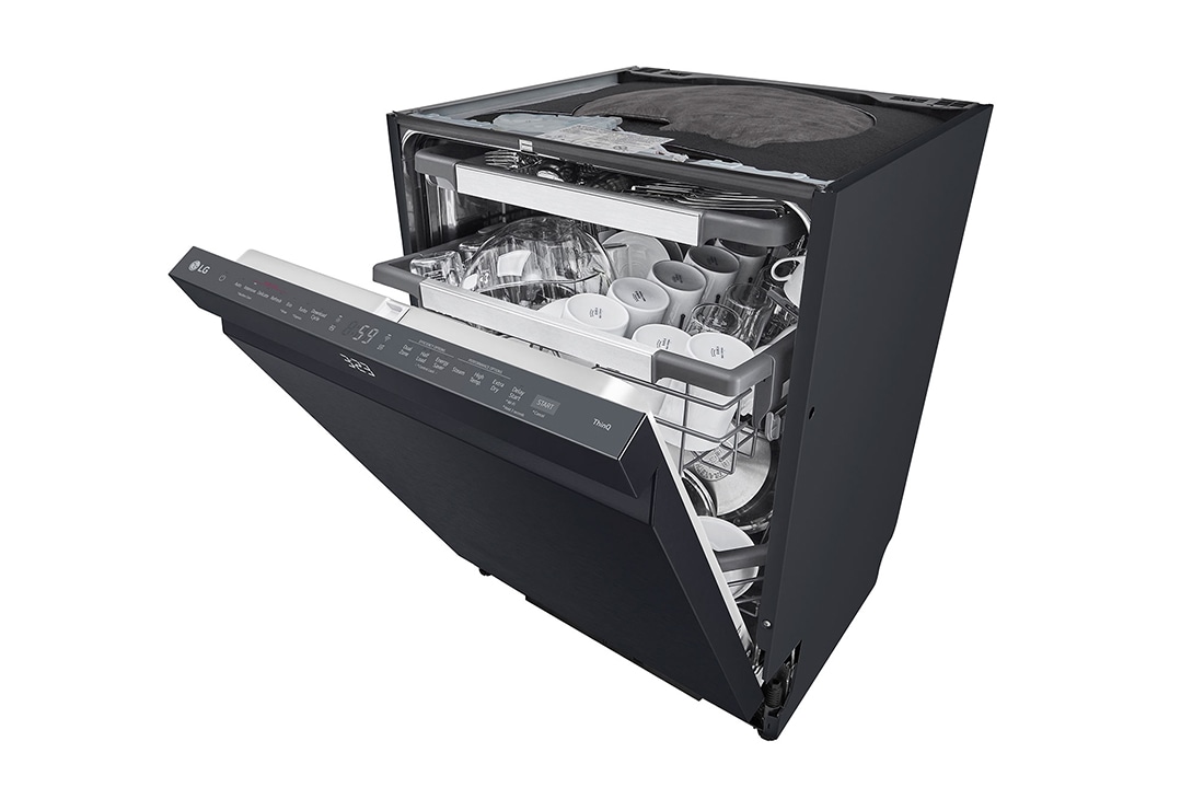 LG 14 Paikka-asetukset QuadWash™ Sisäänrakennettu astianpesukone TrueSteam™-ominaisuudella A-10%-energia, Avoin etunäkymä vasemmalta tiskien kanssa, SDU587HM, thumbnail 9