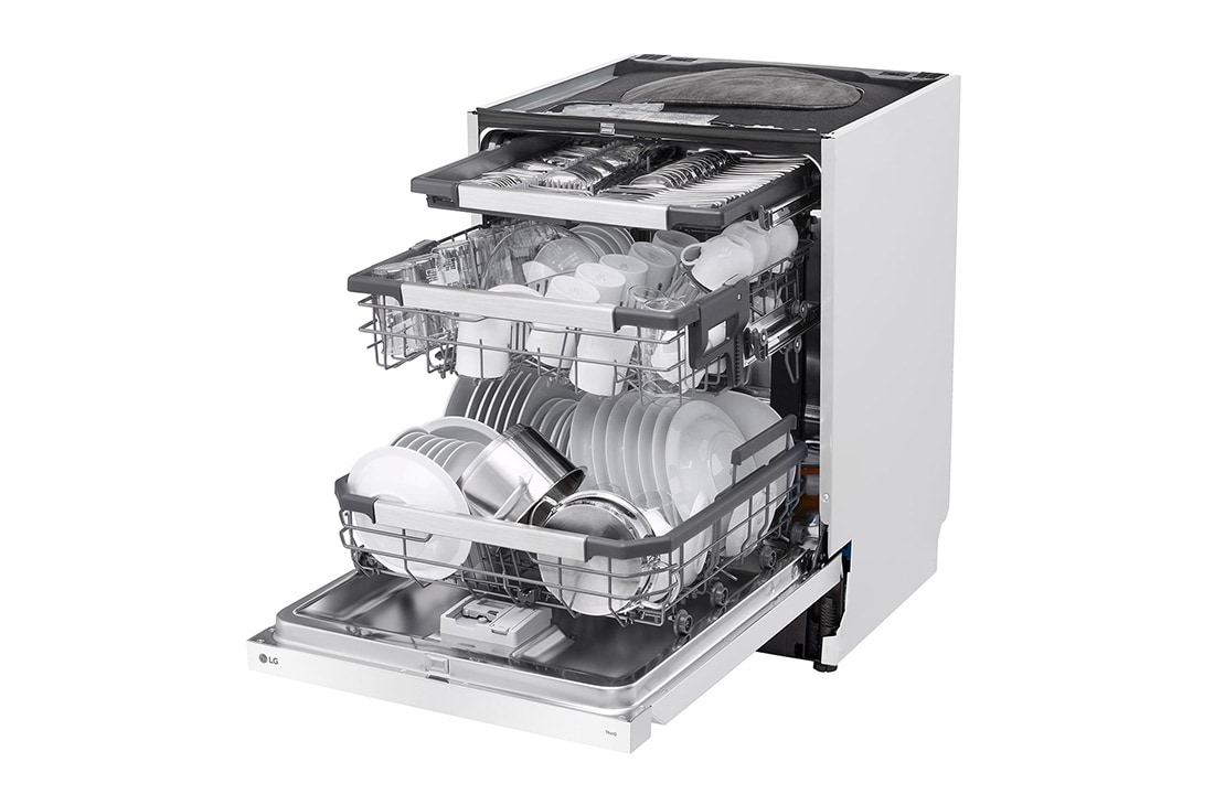 LG 14 Paikka-asetukset QuadWash™ Sisäänrakennettu astianpesukone A-10%-energia, Avoin etunäkymä vasemmalta tiskien kanssa, DU386FW, thumbnail 8