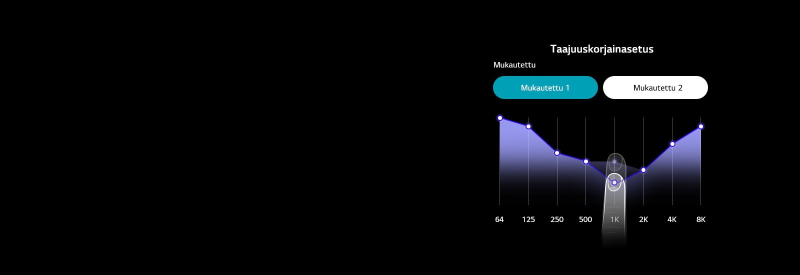 Kuva TONE Free -sovelluksen taajuuskorjainsivusta, jossa sormi liikuttaa äänen taajuuden viivakaviota ylös ja alas 