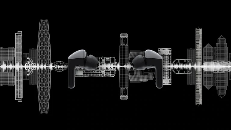 Kuva kahdesta nappikuulokkeesta, jotka ovat vastakkain, ja taustalla on kaupunkimaiseman siluetti