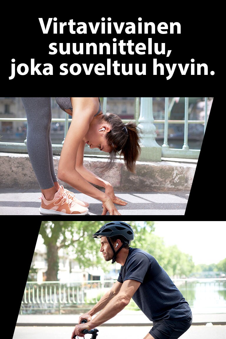 Nainen kallistuu alaspäin venyttelemään samalla, kun hänellä on päässä TONE Free. Mies ajaa polkupyörää.