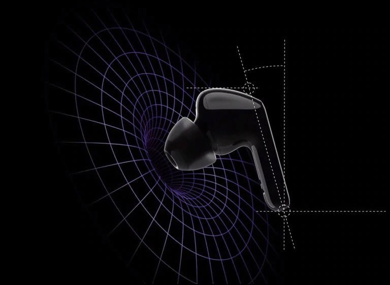 Kuva nappikuulokkeista virtuaalitilassa kaavioilla, jotka esittävät, että paino on keskittynyt korvanapin päähän