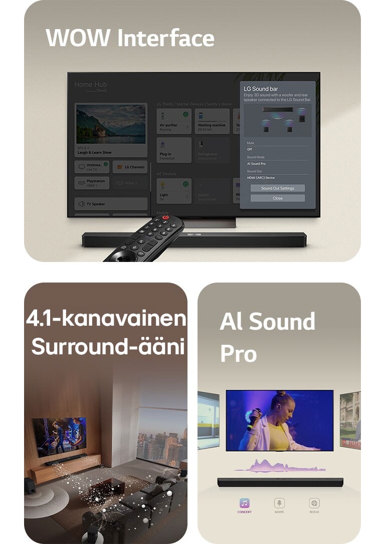 LG Remote osoittaa kohti LG TV:tä, jonka alla on LG Soundbar. LG TV:n ruudulla WOW Interface -valikko.  LG Soundbar, LG TV ja takakaiuttimet ovat olohuoneessa ja näytöllä näytetään kuva musiikkiesityksestä. Soundbarista heijastuu kolme pisaroiden muodostamaa valkoisten ääniaaltojen haaraa, ja subwoofer luo alhaalta äänitehosteen.  LG Soundbar, jonka yläpuolella on kolme erilaista televisioruutua. Yhdessä näytetään elokuvaa, yhdessä konserttia ja yhdessä uutislähetystä. Soundbarin alapuolella on kolme kuvaketta, jotka osoittavat kunkin tyylilajin.