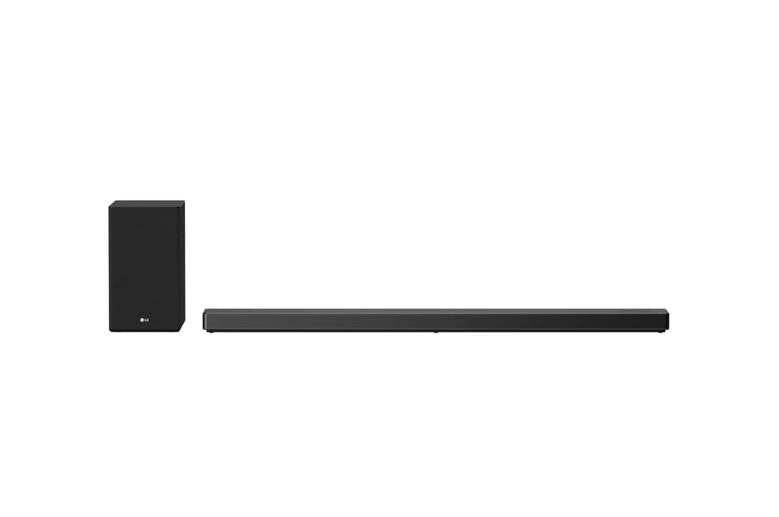 LG Sound Bar SN10YG, kuvassa subwoofer ja ylöspäin suunnattu takakaiutin edestäpäin, SN10YG