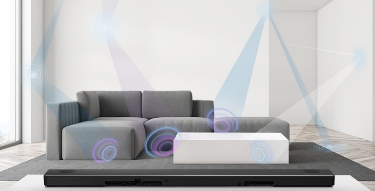 LG-soundbar-kaiuttimen takaosa olohuoneessa, jonka keskellä on harmaa sohva. Kuvassa näkyy tilaa mittaavia aallonpituusgrafiikoita.