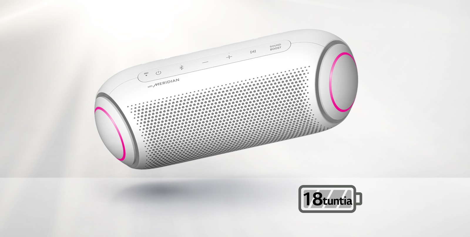 LG XBOOM Go kallistuu vasemmalle ja kelluu ilmassa. Wooferin valaistus on magenta. 