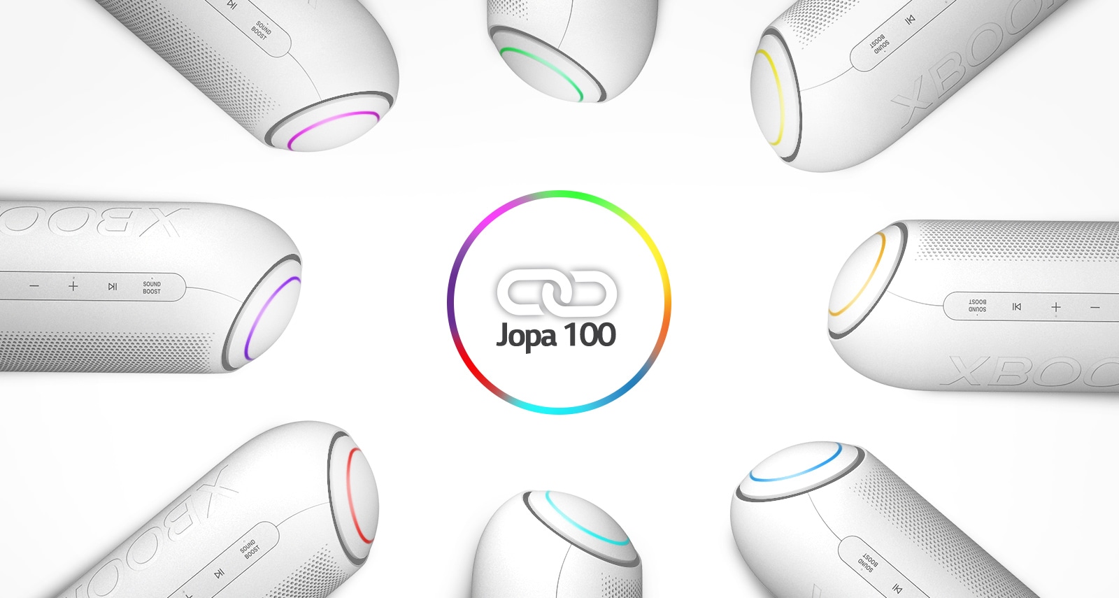 Valkoisella taustalla kahdeksan eri väristä LG XBOOM Go -laitetta kehässä linkkikuvakkeen ympärillä.