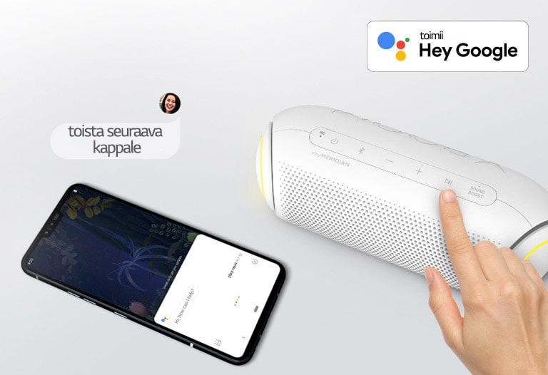 Käsi painaa LG XBOOM Gon painiketta. Älypuhelin on sen vieressä. Kuvassa on puhekupla. Googlen logo on yläoikealla.