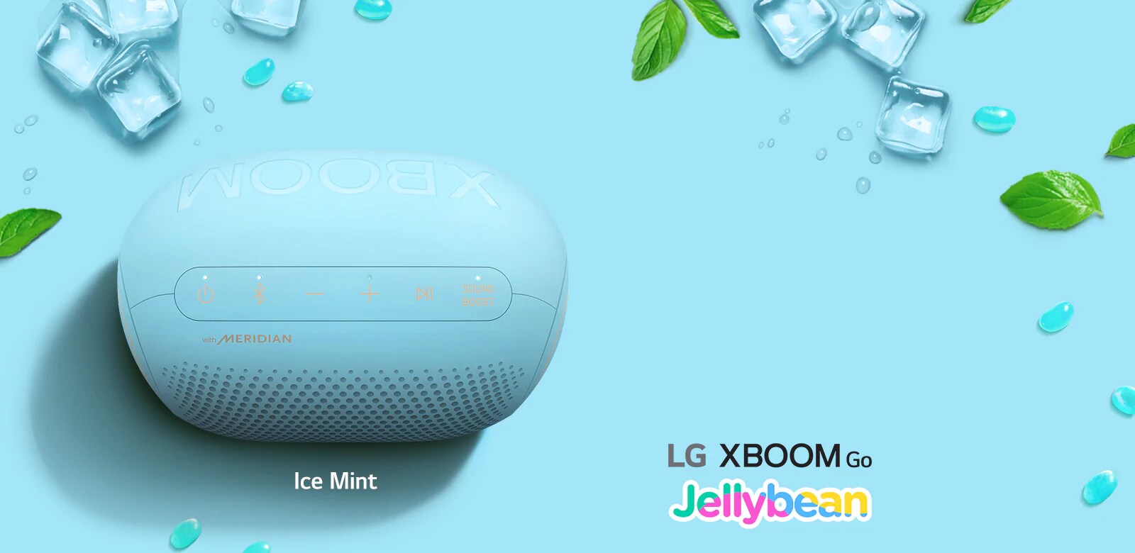 An ice mint flavored Jellybean of LG XBOOM Go PL2B is place on a blue and orange background.