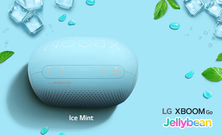 An ice mint flavored Jellybean of LG XBOOM Go PL2B is place on a blue and orange background.