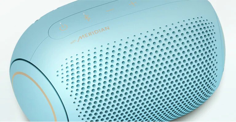A close-up view of the Meridian logo on an LG XBOOM Go PL2B