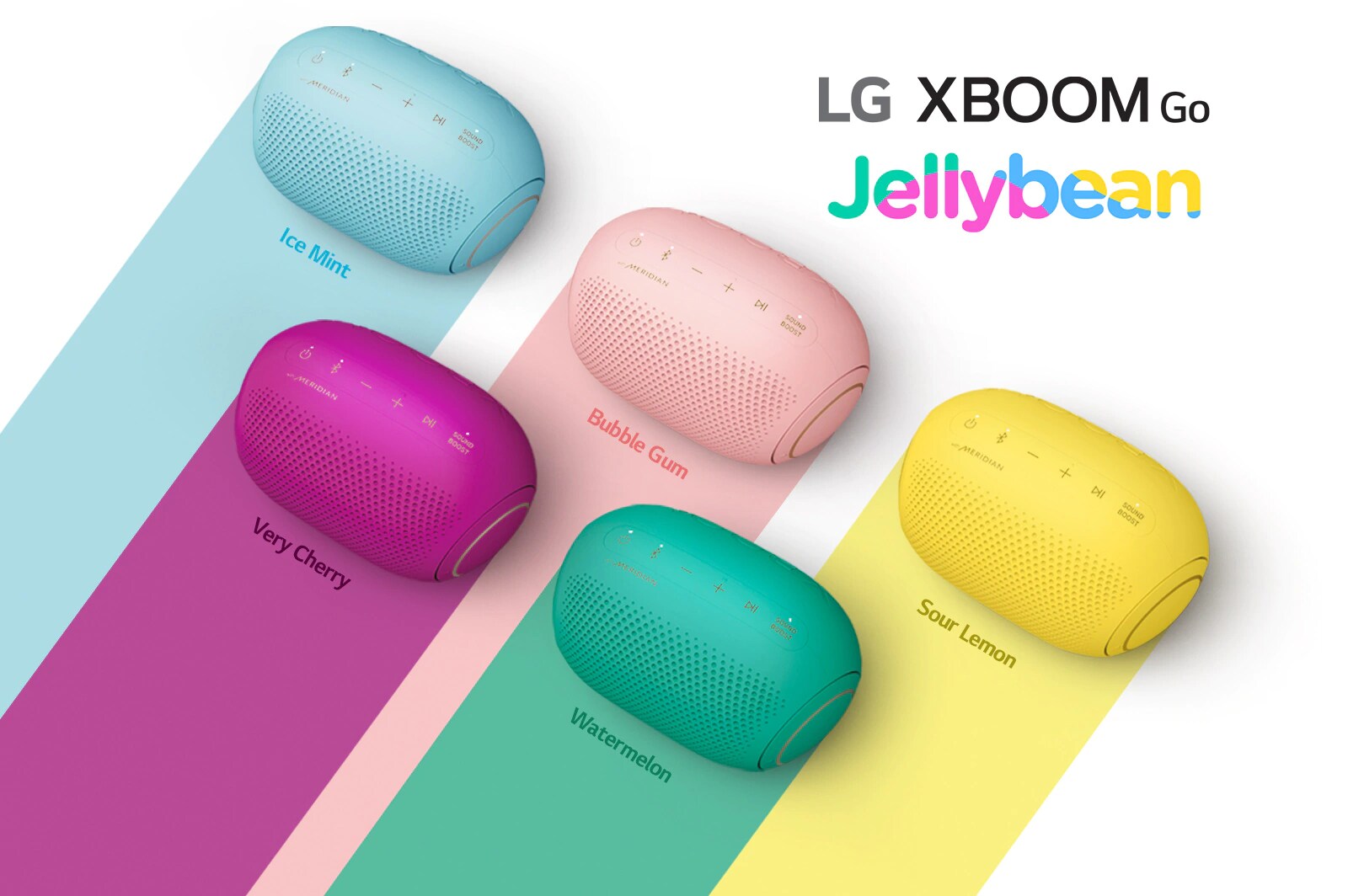 Five colors of the LG XBOOM Go PL2 Jellybean series are shown on a white background.