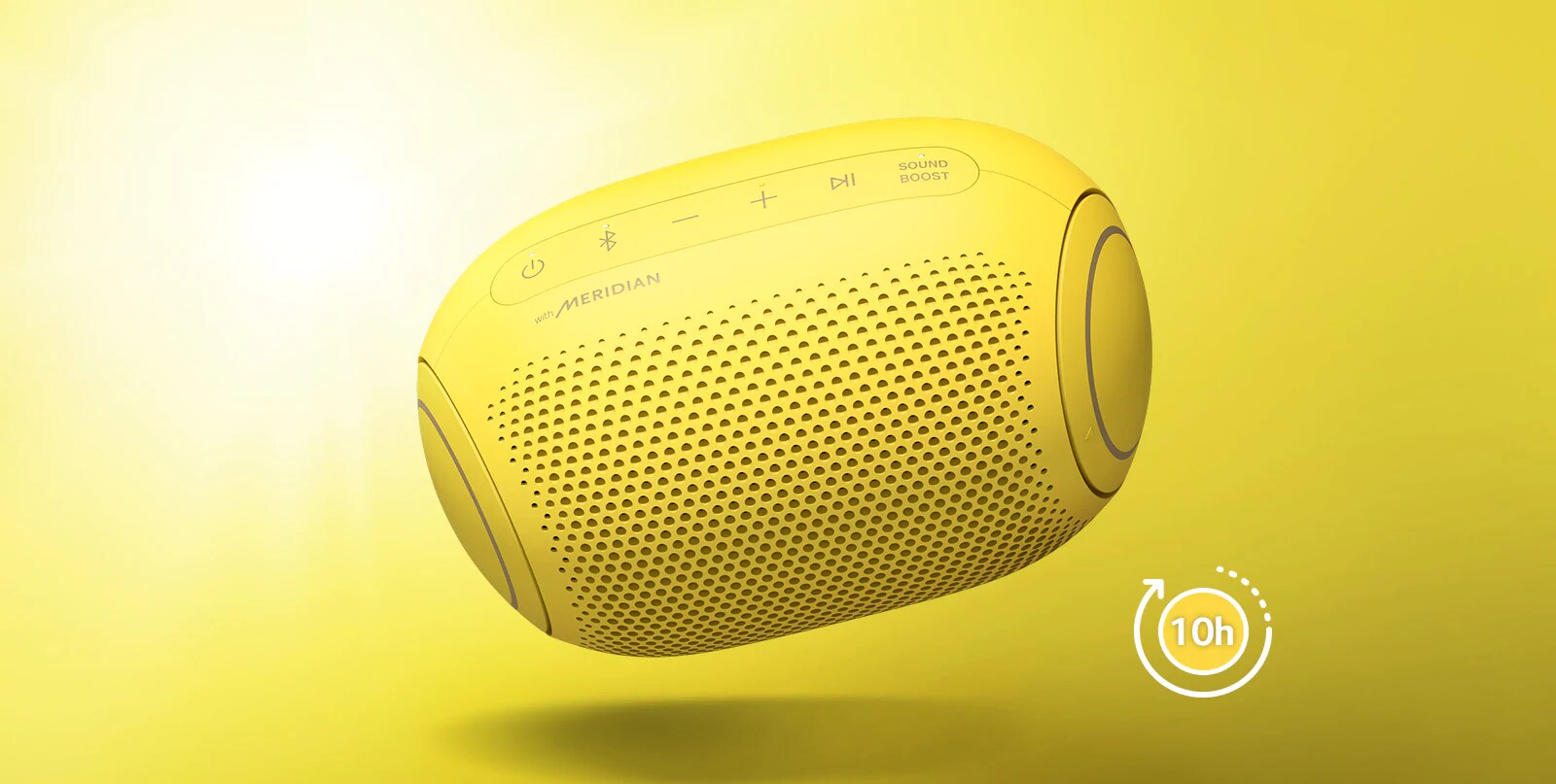 A front view of an LG XBOOM Go PL2S tilting down to its left and floating in the air