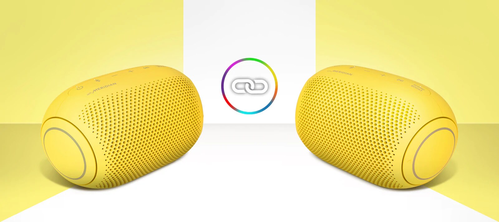 Two LG XBOOM Go PL2Ss are facing each other