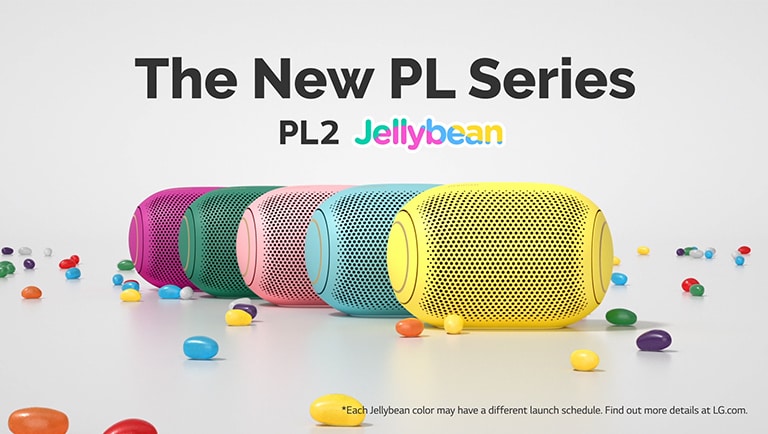 A front view of five colored jelly beans lined up behind each other.