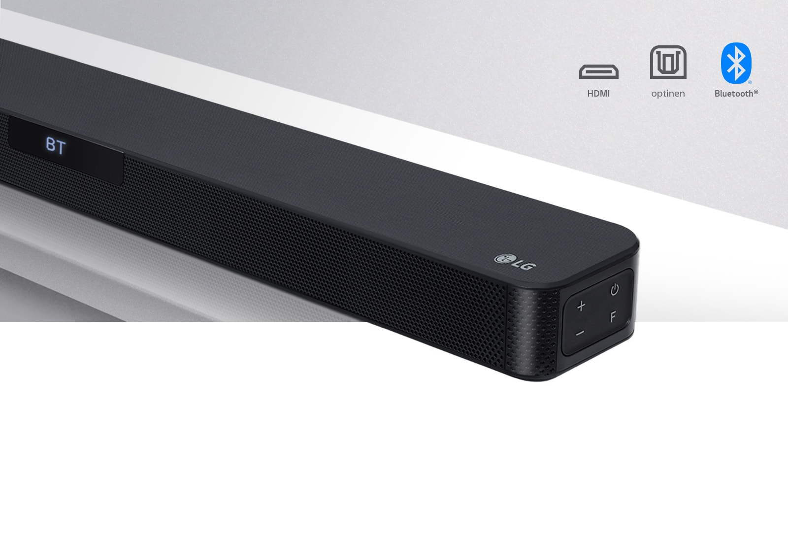 Lähikuva soundbar-kaiuttimen oikeasta reunasta, jonka oikeassa alakulmassa on LG-logo. Liitäntäkuvakkeet näkyvät tuotteen yläpuolella. 