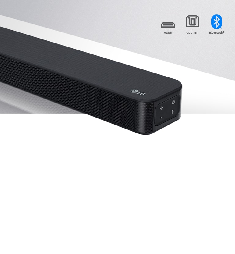 Lähikuva soundbar-kaiuttimen oikeasta reunasta, jonka oikeassa alakulmassa on LG-logo. Liitäntäkuvakkeet näkyvät tuotteen yläpuolella. 