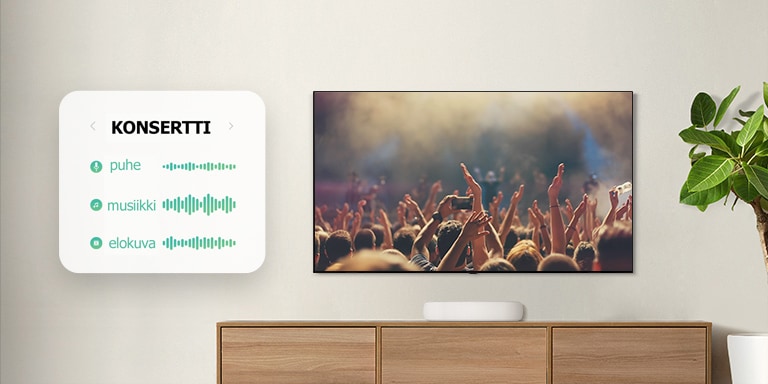 Televisio on seinällä. Televisiossa näkyy konsertissa taputtavia ihmisiä, kanava vaihdetaan elokuvaan, jossa autoa ajetaan metsässä, ja kanava vaihdetaan jälleen uutisiin, jossa uutisankkuri lukee uutisia. LG Soundbar on TV:n alla oikealla puolella puisella hyllyllä.