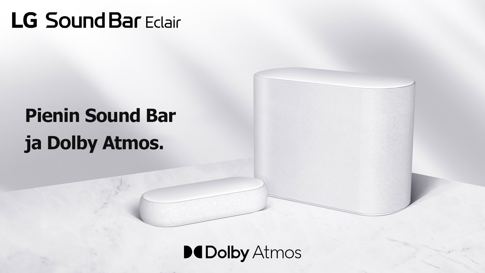 Soundbar-kaiutin ja alibassokaiutin marmorilattialla toisiaan kohden vastakkaisilla puolilla.