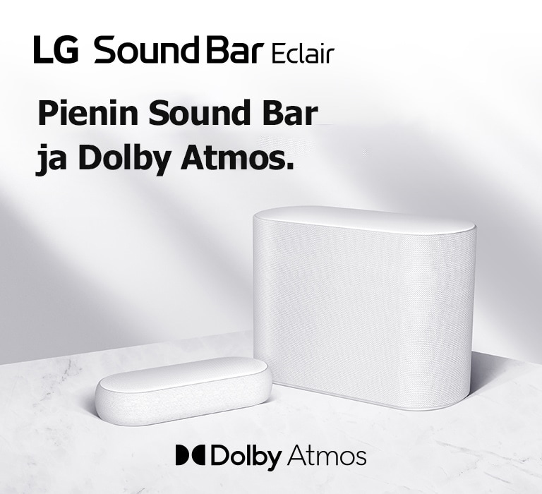 Soundbar-kaiutin ja alibassokaiutin marmorilattialla toisiaan kohden vastakkaisilla puolilla.