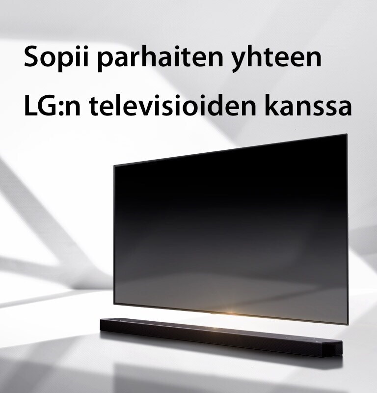 Soundbar-kaiutin ja TV ovat valkoisella lattialla ja ulkoa oikealta takaa tulee varjo.