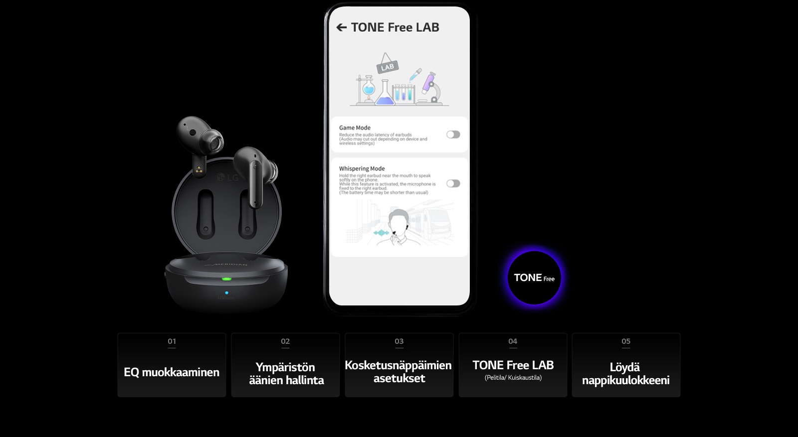Kuva TONE Free LAB-ruudusta matkapuhelimen ruudulla ja TONE Free -tuotteesta sen vierellä.