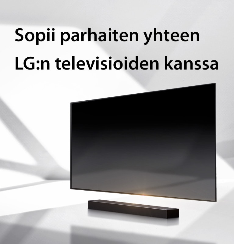 Soundbar-kaiutin ja TV ovat valkoisella lattialla ja ulkoa oikealta takaa tulee varjo.