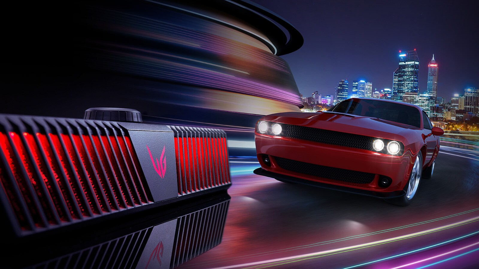 Näkymä pelikaiuttimesta sivusta vasemmalta, ja oikealla näkyy auto