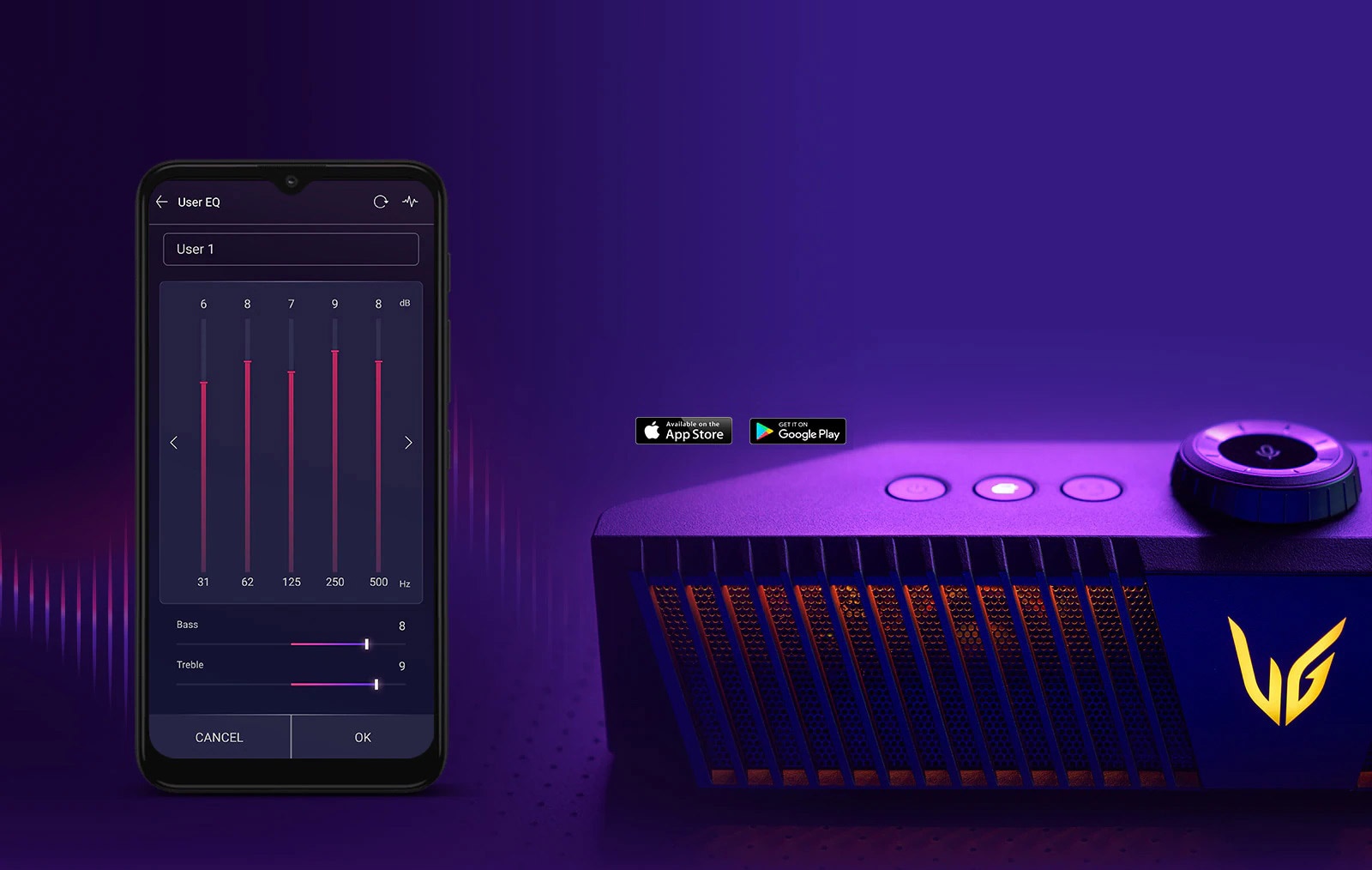 Pelikaiutin kuvattuna pöydällä viistosuuntaisesti keltaisella valaistuna, ja pöytä on valaistu violetilla. Vieressä näkyy matkapuhelin, jonka näytössä näkyy taajuuskorjainasetusnäkymä.