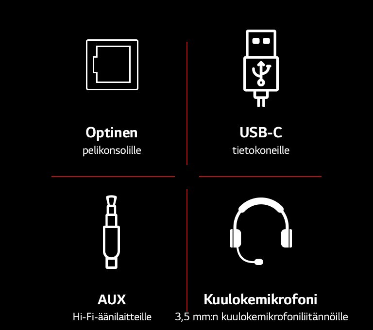 Kokoelma kuvakkeita: Optinen, USB-C, AUX-kaapeli ja kuulokemikrofoni Kuvakkeiden alapuolella ovat tekstit "Optinen pelikonsolille“, “USB-C tietokoneille“, “AUX Hi-Fi-äänilaitteille“ ja “Kuulokemikrofoni 3,5 mm:n kuulokemikrofoniliitännöille“.
