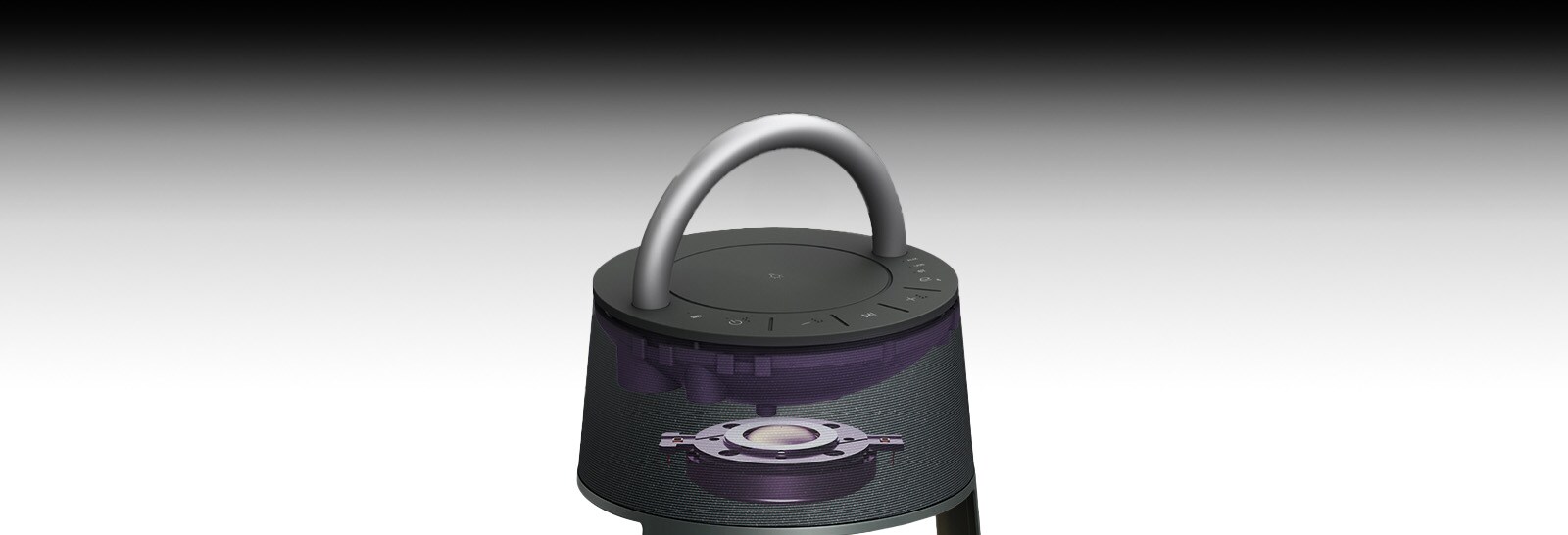 Kuva, jossa näkyy titaanidiskanttikaiutinyksikkö XBOOM 360: n yläosassa.