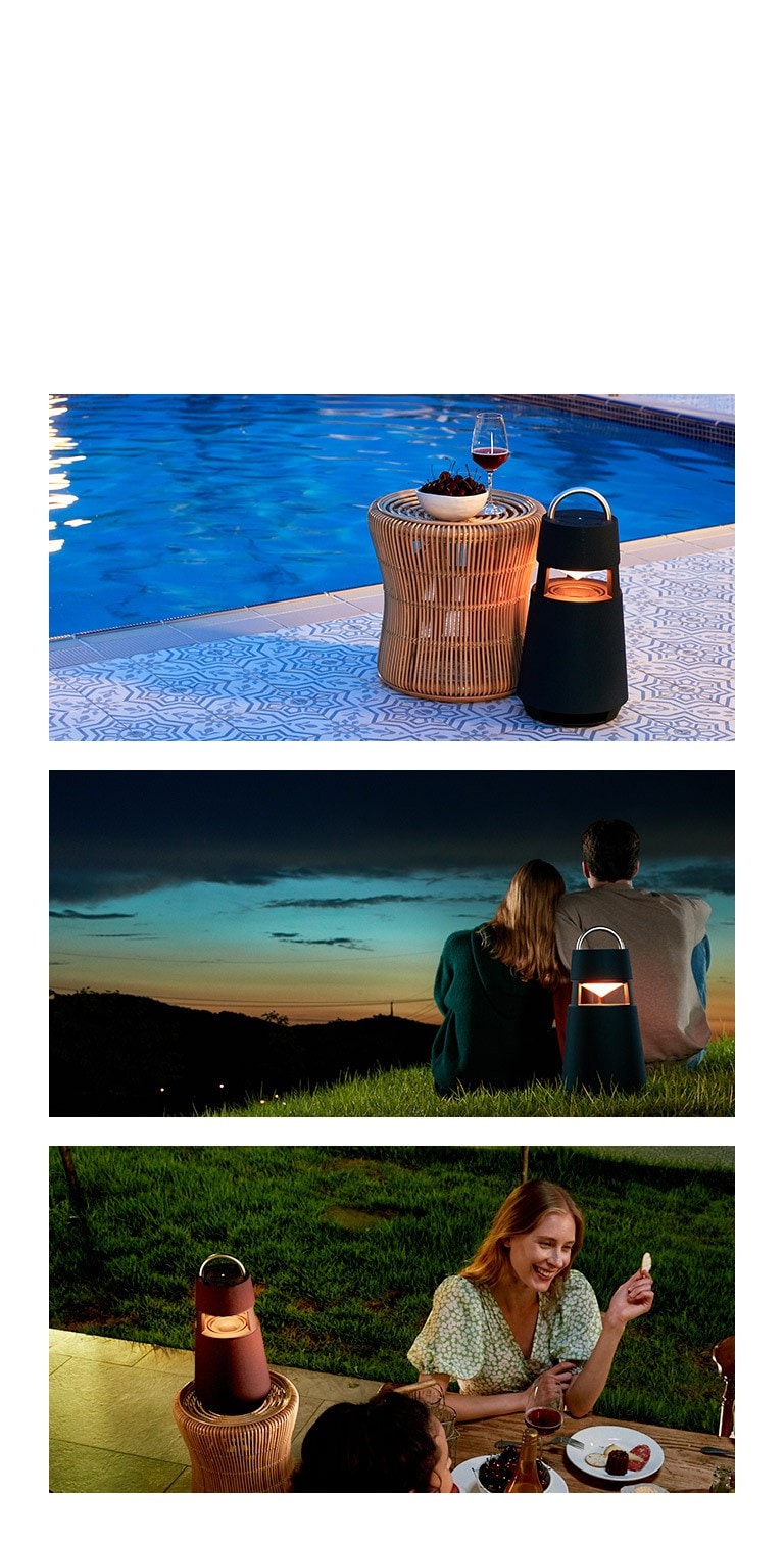 Kuva XBOOM 360: stä keltaisena ulkona olevassa uima-altaassa. Kuva XBOOM 360: sta miehen ja naisen takana, jotka katsovat auringonlaskua. Kuva XBOOM 360: sta, joka seisoo keltaisena juhlista nauttivan naisen vasemmalla puolella.