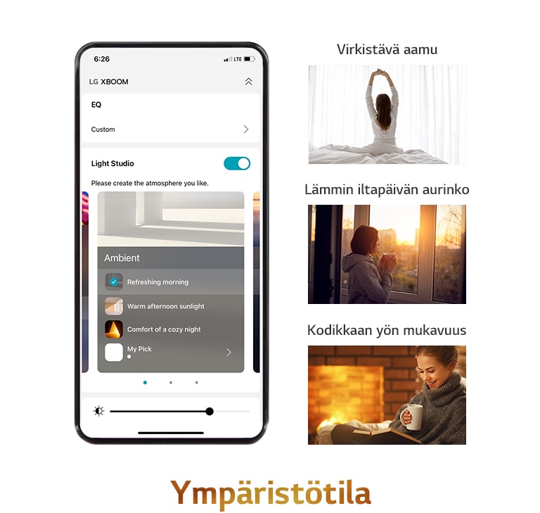 Matkapuhelimen kuva, jossa APP -näyttö on päällä ympäristön tilassa. Kuvat sisältävät kuvia sängyillä istuvista naisista, jotka muistelevat ja venyttelevät, naisia, jotka katsovat auringonlaskua ja naisia, jotka pitävät tauon kirjoja lukiessaan.