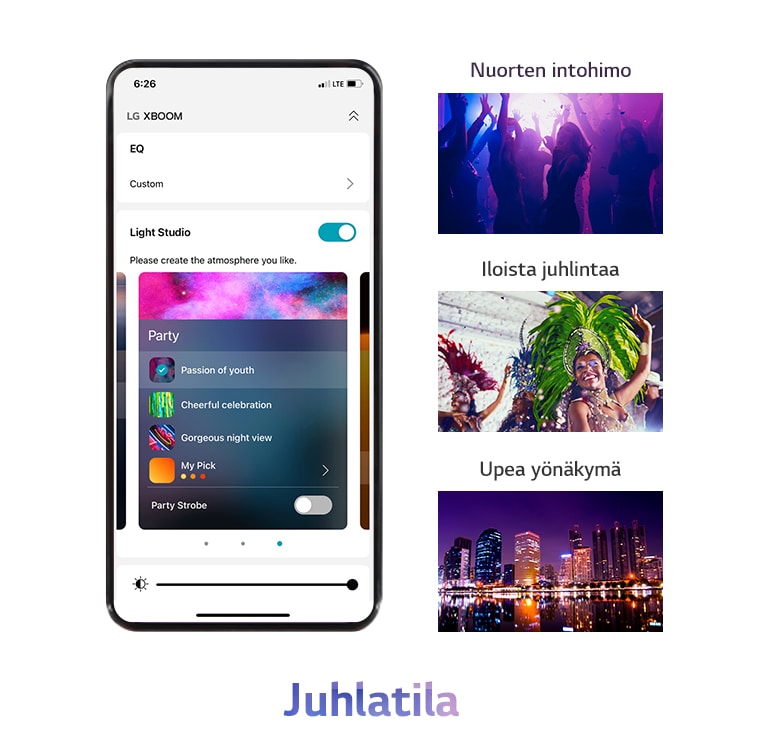 Matkapuhelimen kuva, jossa sovellusnäyttö on päällä juhlatilassa. Siluettikuvia klubeissa tanssivista ihmisistä. Kuva naisesta, jolla on päällään värikkäät juhlavaatteet. Yönäkymä kaupungista, joka on valaistu neonväreillä.