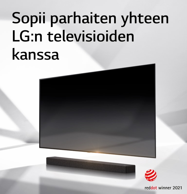 Soundbar-kaiutin ja TV ovat valkoisella lattialla ja ulkoa oikealta takaa tulee varjo.