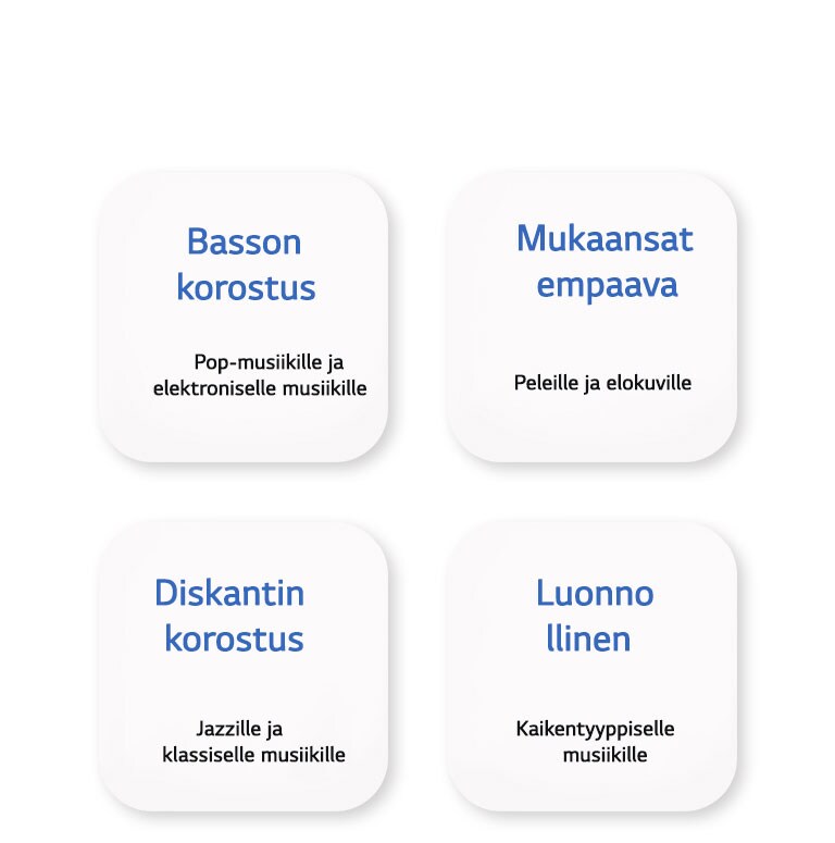 Neljä EQ-asetusten nimeä, Basson korostus, Mukaansatempaava, Diskantin korostus ja Luonnollinen on merkitty valkoiseen neliön muotoiseen painikkeeseen.