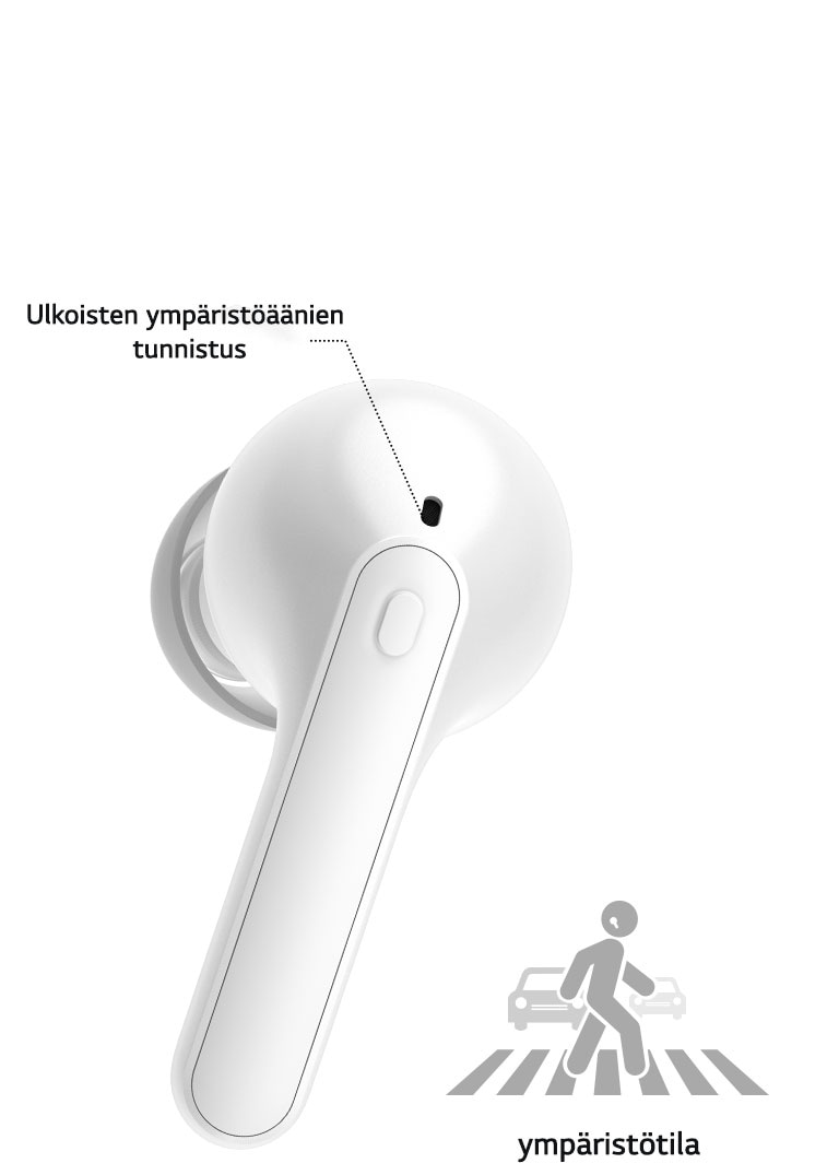 Kuva, jossa näkyy läheltä valkoinen nappikuulokkeen kärki ja Ulkoisten ympäristöäänien tunnistus -sanat on merkitty nappikuulokkeen kärjen takana olevaan aukkoon.