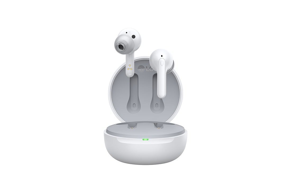 LG TONE Free FP3, Kehikon edestä avattu kuva ja kelluvat nappikuulokkeet., TONE-FP3W