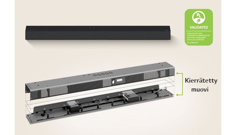 Takana on näkymä Sound Barista edestä ja edessä metallikehyskuva Sound Barista.