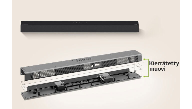 Takana on näkymä Sound Barista edestä ja edessä metallikehyskuva Sound Barista.