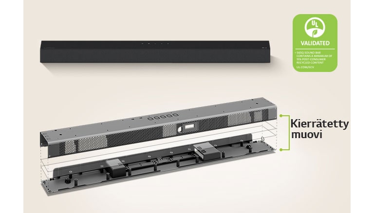 Takana on näkymä Sound Barista edestä ja edessä metallikehyskuva Sound Barista.